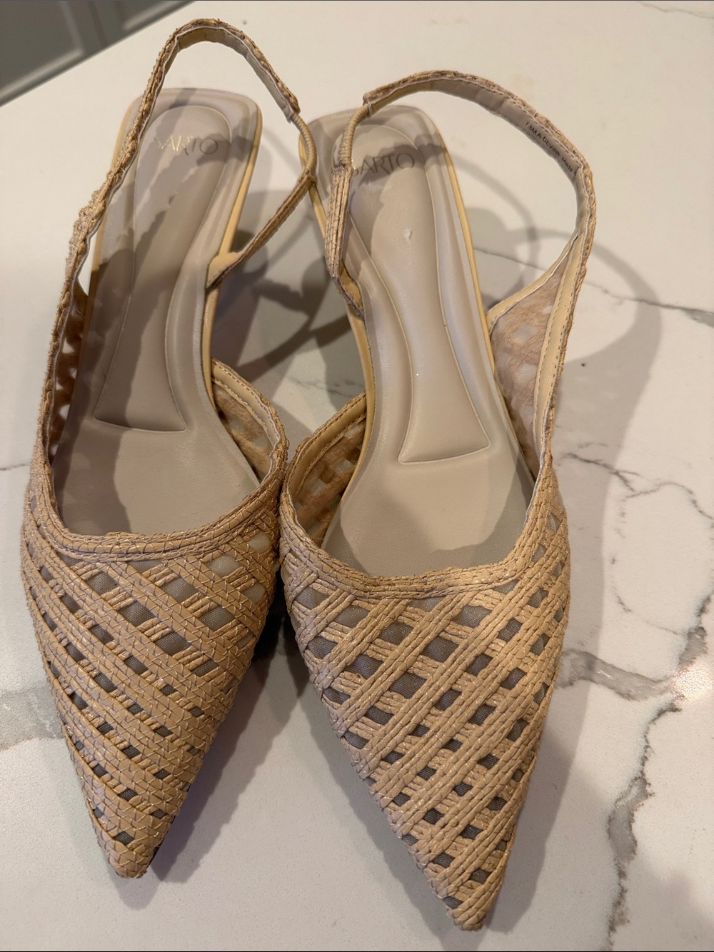 Franco Sarto Beige Woven Pointed-Toe Slingback kitten heel 7.5